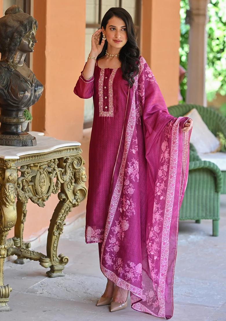 Pink Printed Rayon Slub Kurta Set