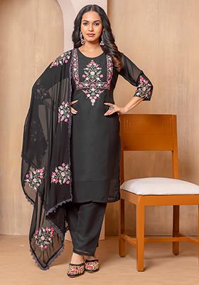 Black Embroidered Viscose Kurta Set