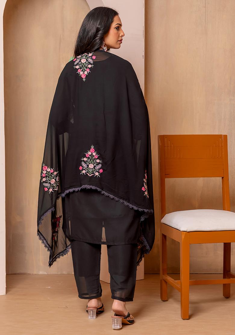 Black Embroidered Viscose Kurta Set