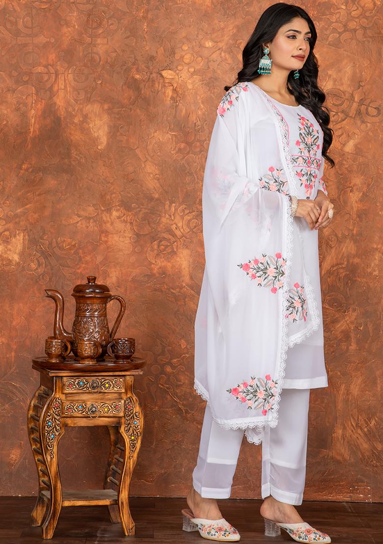 White Embroidered Viscose Kurta Set