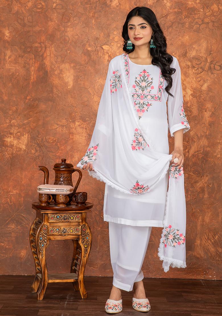 White Embroidered Viscose Kurta Set
