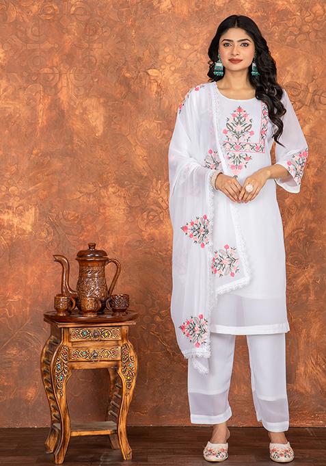 White Embroidered Viscose Kurta Set