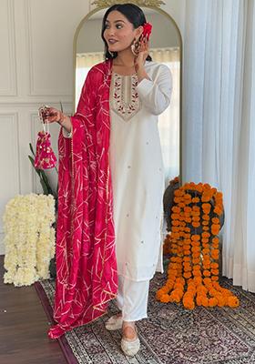 White Embroidered Rayon Slub Kurta Set