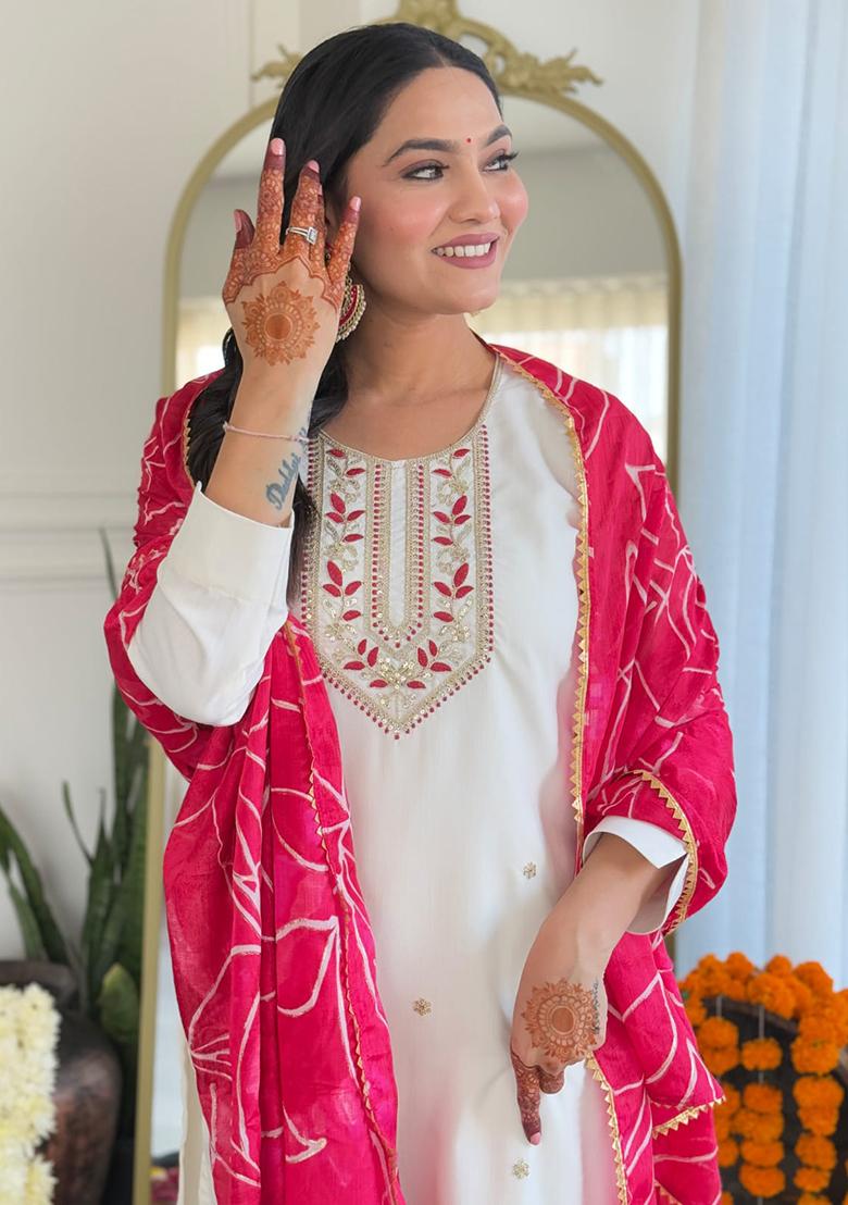 White Embroidered Rayon Slub Kurta Set