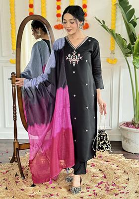 Black Embroidered Chanderi Kurta Set