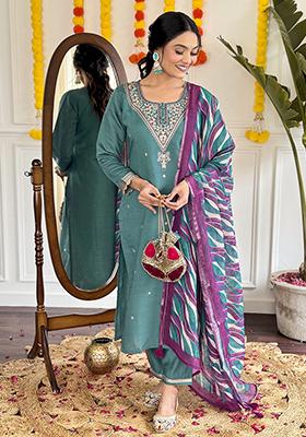 Blue Embroidered Chanderi Kurta Set