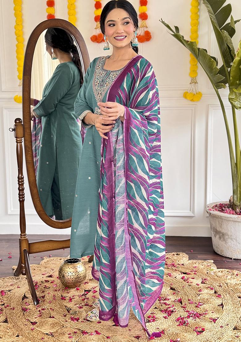 Blue Embroidered Chanderi Kurta Set