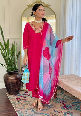 Pink Embroidered Rayon Slub Kurta Set