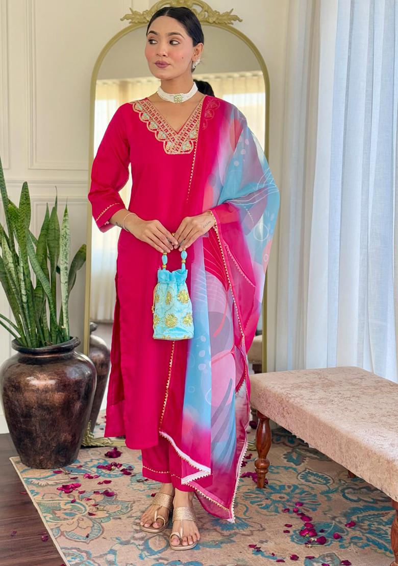 Pink Embroidered Rayon Slub Kurta Set