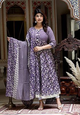 Purple Printed Cotton Anarkali Set