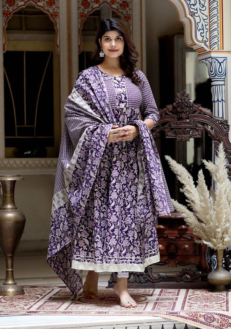 Purple Printed Cotton Anarkali Set