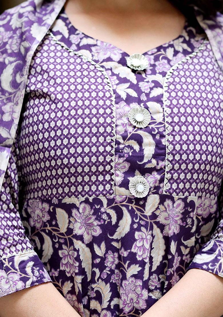 Purple Printed Cotton Anarkali Set