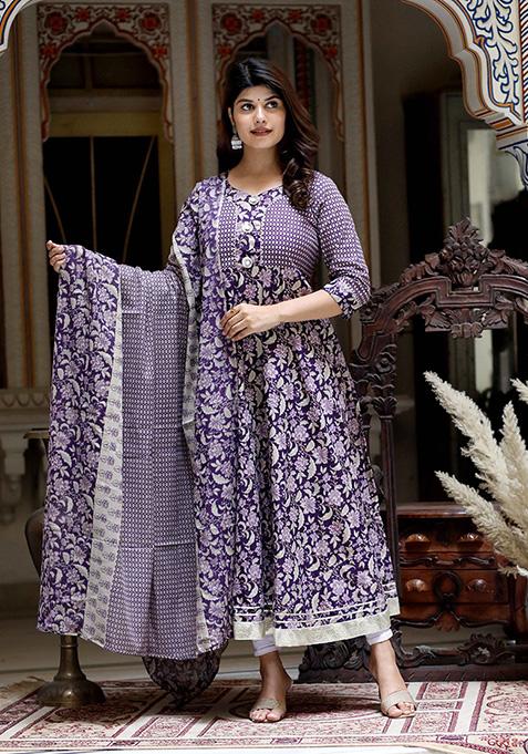 Purple Printed Cotton Anarkali Set