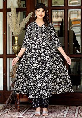 Black Floral Print Cotton Anarkali Set