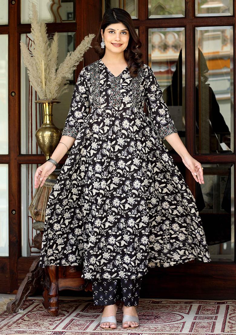 Black Floral Print Cotton Anarkali Set