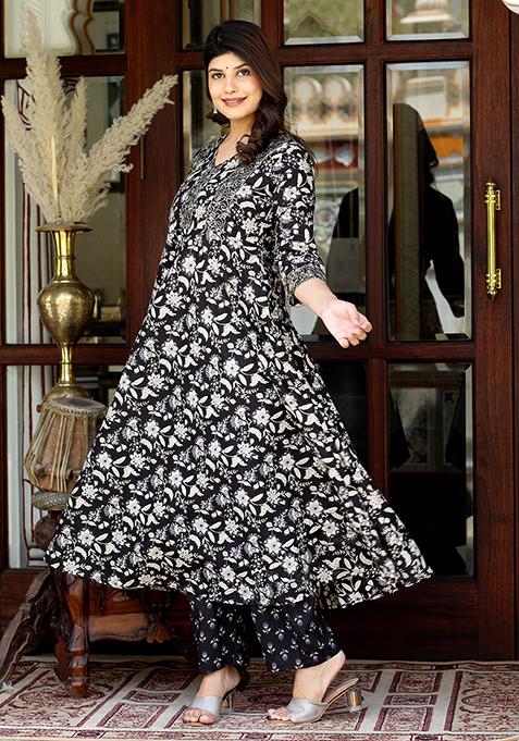 Black Floral Print Cotton Anarkali Set