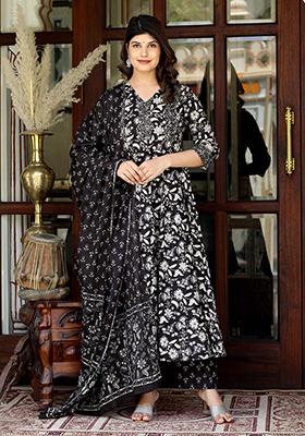 Black Floral Print Cotton Anarkali Set