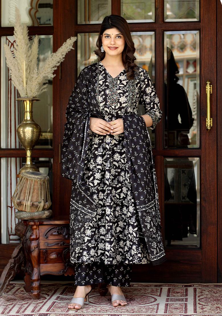 Black Floral Print Cotton Anarkali Set