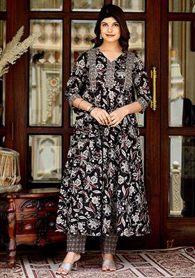 Multi Floral Print Cotton Anarkali Set