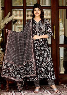 Multi Floral Print Cotton Anarkali Set