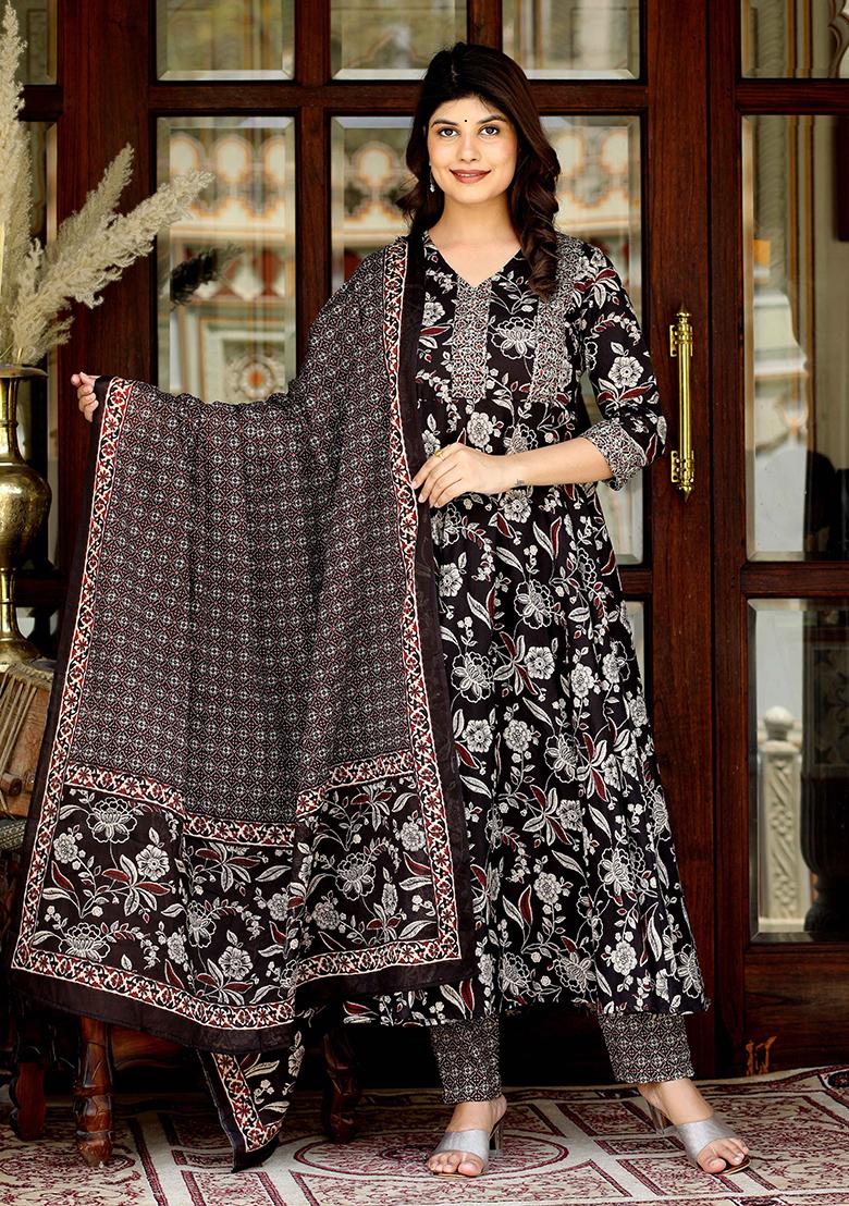 Multi Floral Print Cotton Anarkali Set