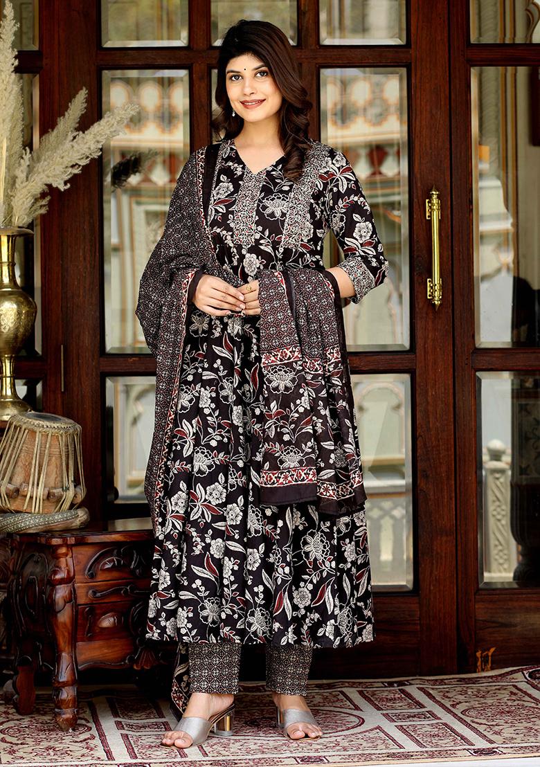 Multi Floral Print Cotton Anarkali Set