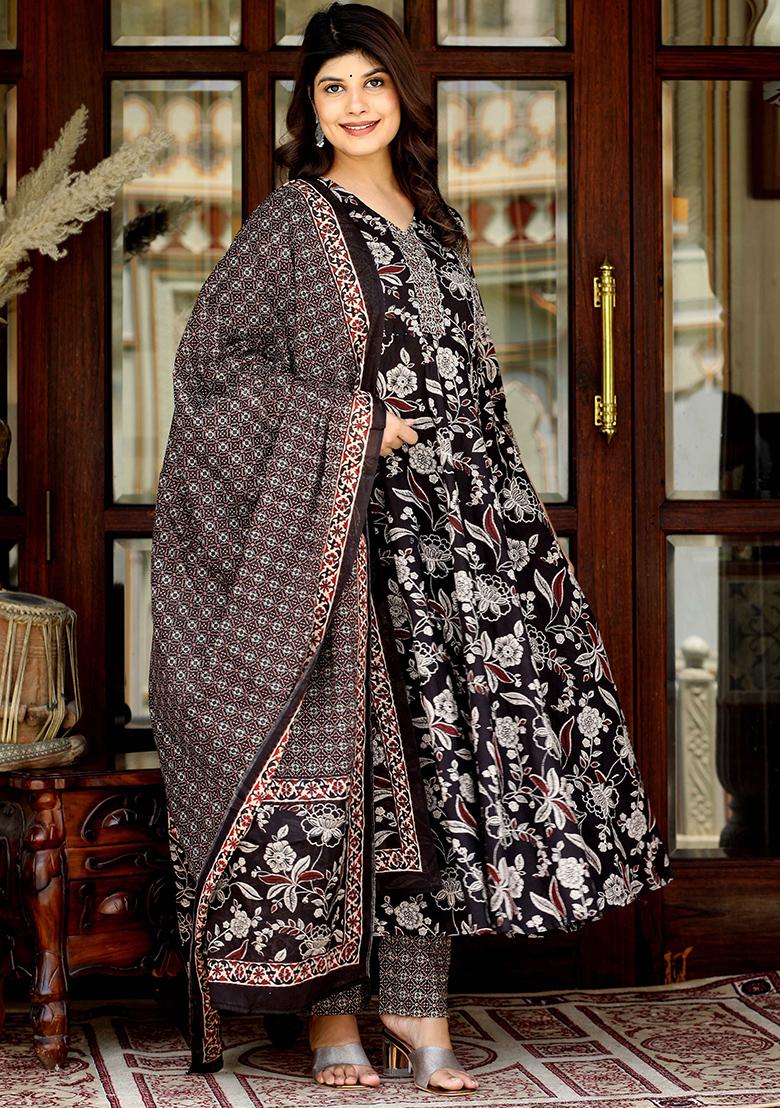 Multi Floral Print Cotton Anarkali Set