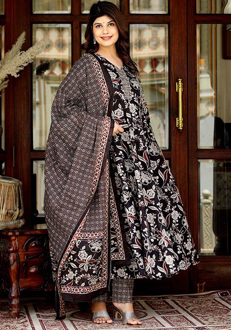 Multi Floral Print Cotton Anarkali Set