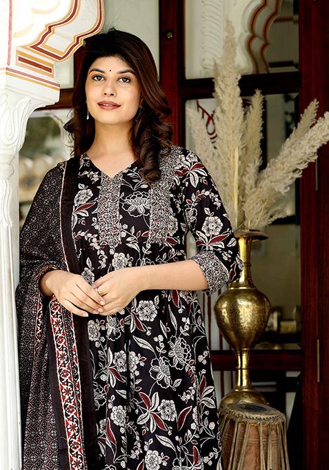 Multi Floral Print Cotton Anarkali Set