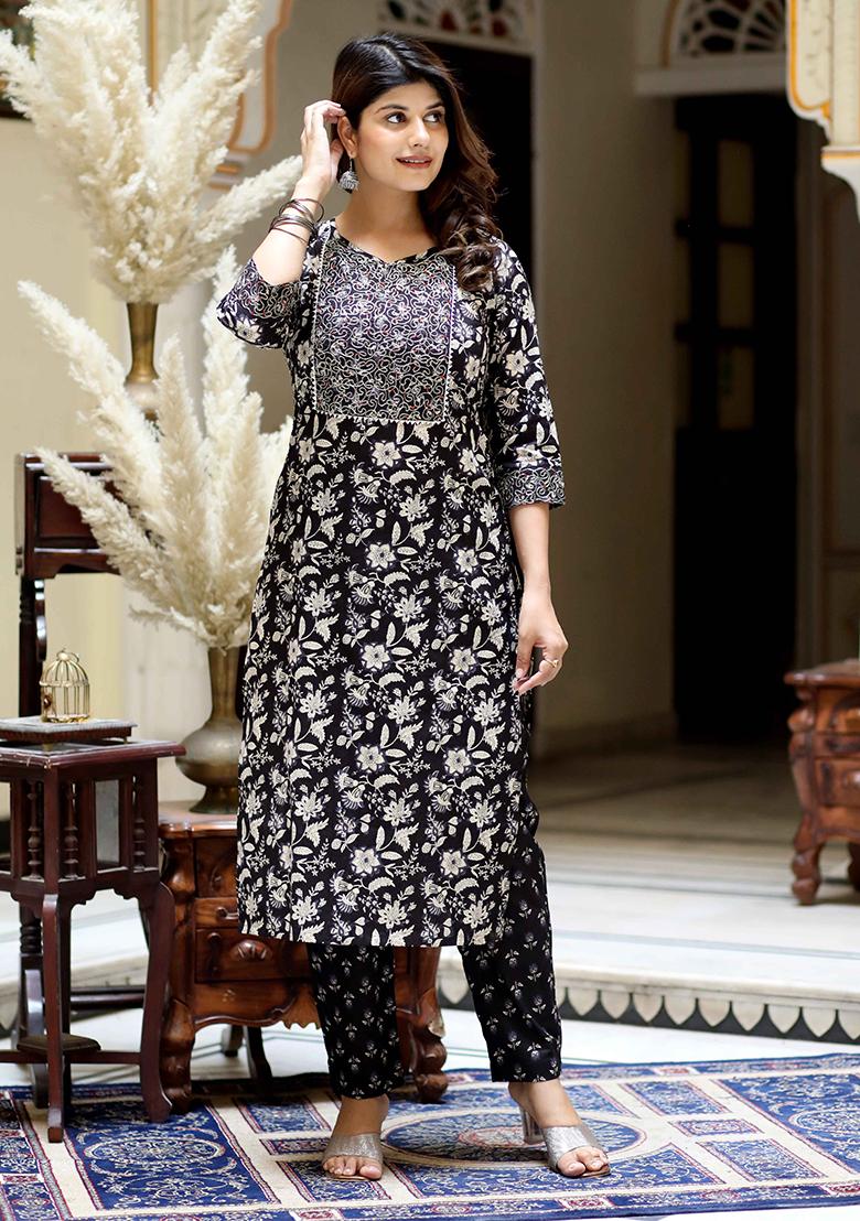 Black Floral Print Cotton Salwar Kameez