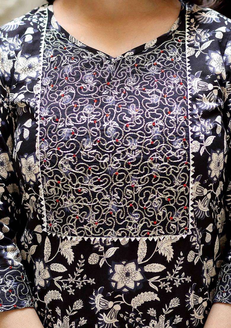 Black Floral Print Cotton Salwar Kameez