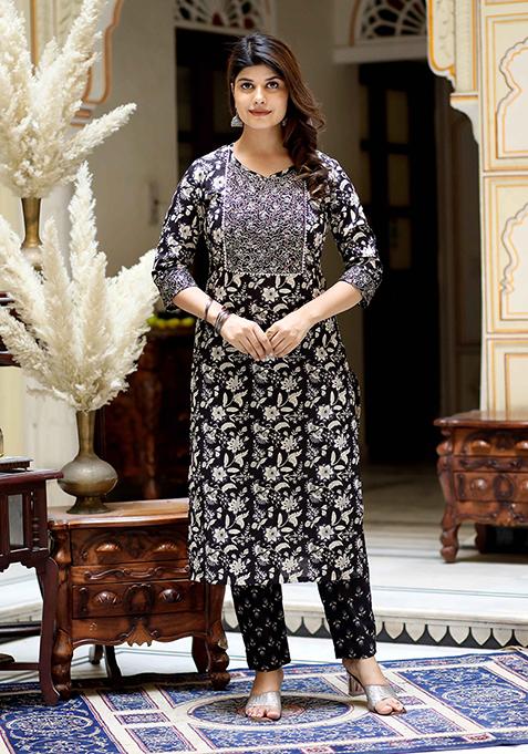 Black Floral Print Cotton Salwar Kameez