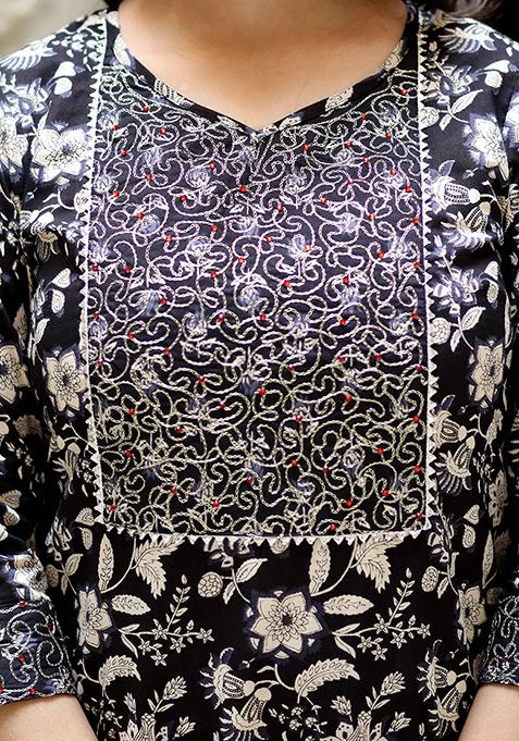 Black Floral Print Cotton Salwar Kameez