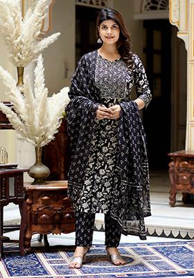 Black Floral Print Cotton Salwar Kameez