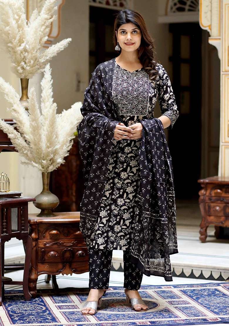 Black Floral Print Cotton Salwar Kameez - Indya