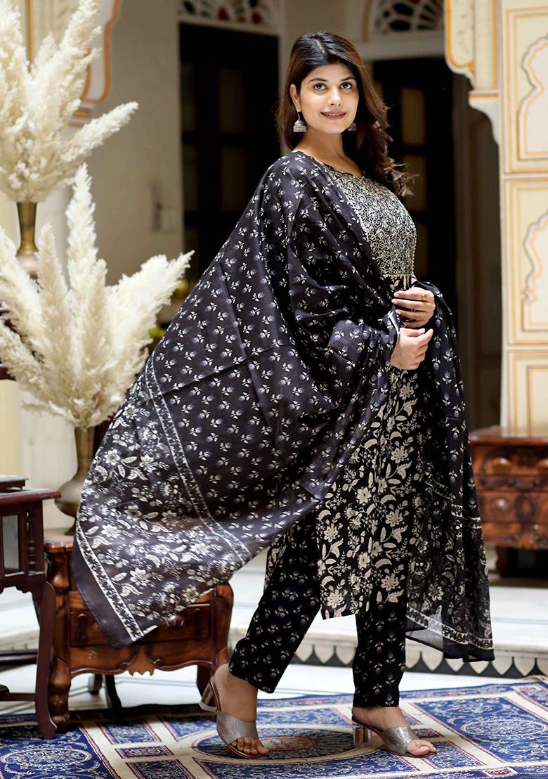 Black Floral Print Cotton Salwar Kameez