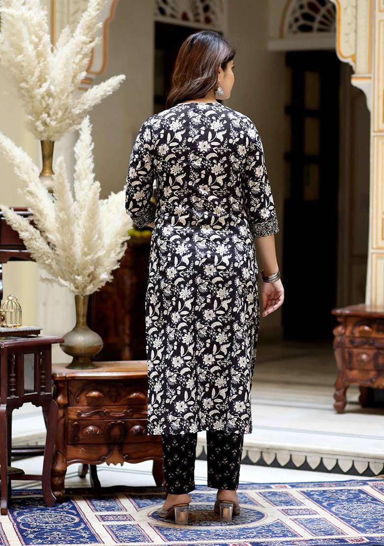 Black Floral Print Cotton Salwar Kameez - Indya