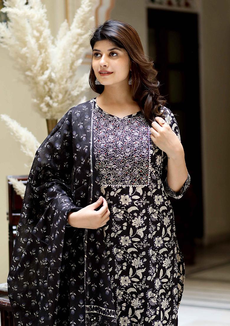 Black Floral Print Cotton Salwar Kameez