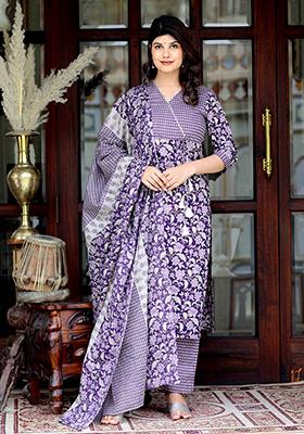 Purple Printed Cotton Salwar Kameez
