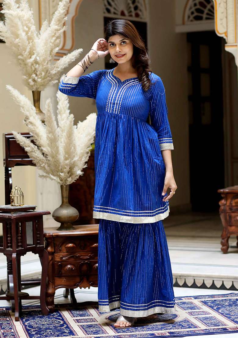 Blue Gota Patti Cotton Sharara Set - Indya