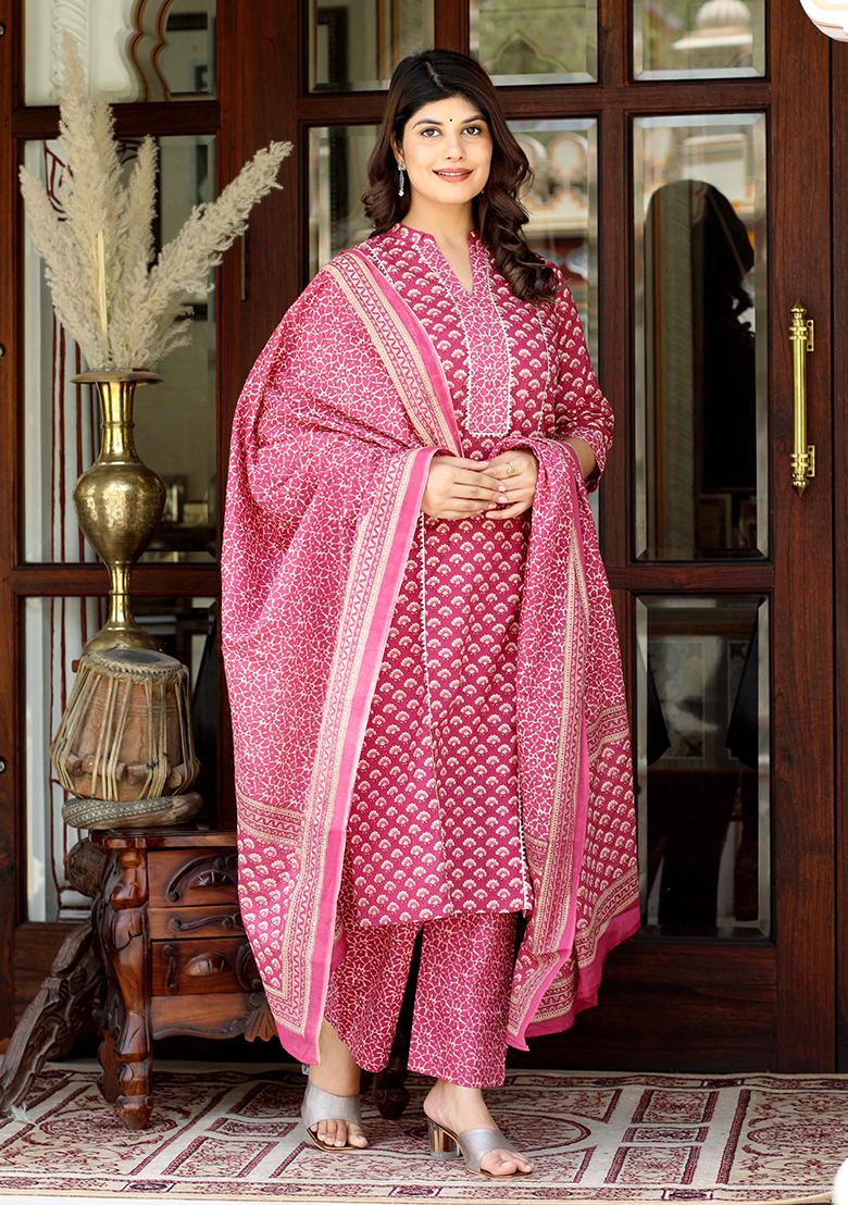 Pink Printed Cotton Salwar Kameez