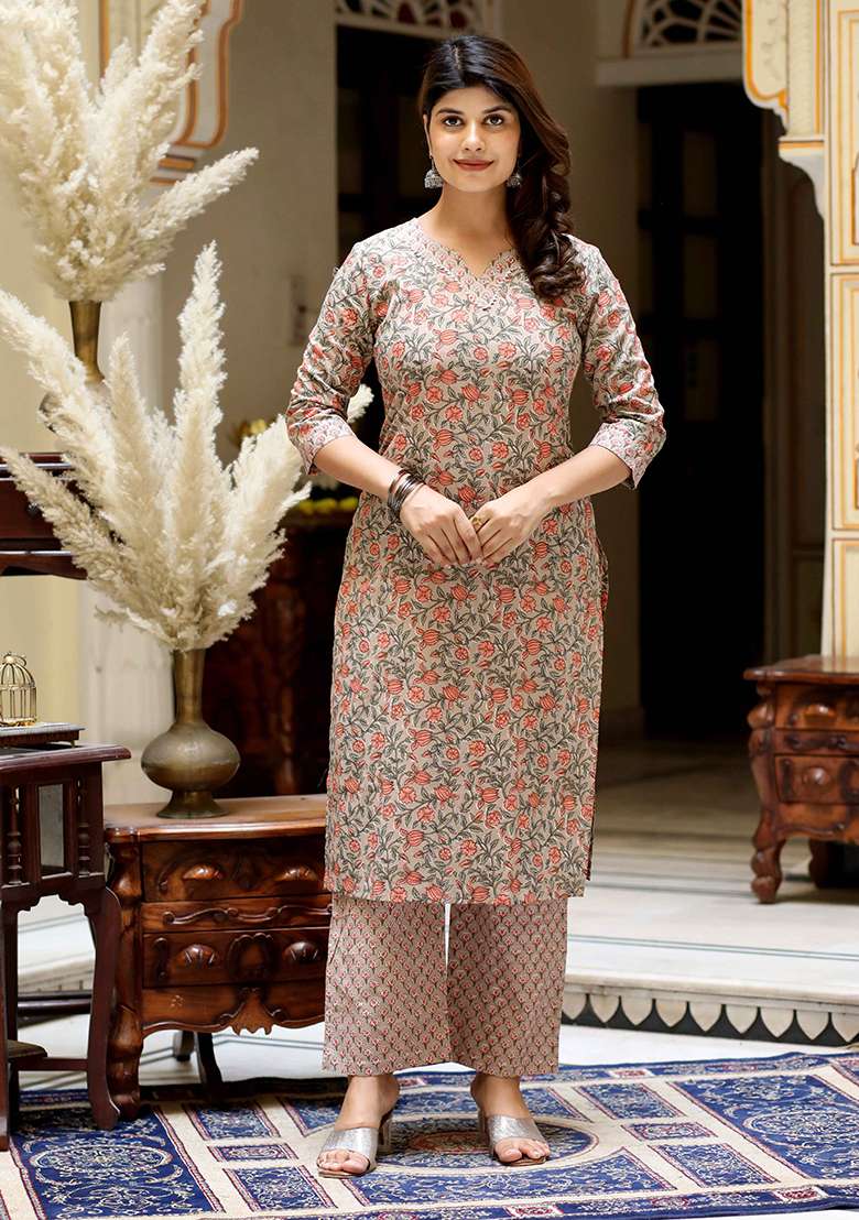 Brown Floral Print Cotton Straight Kurta Set - Indya