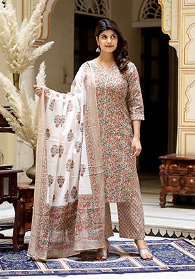 Brown Printed Cotton Salwar Kameez