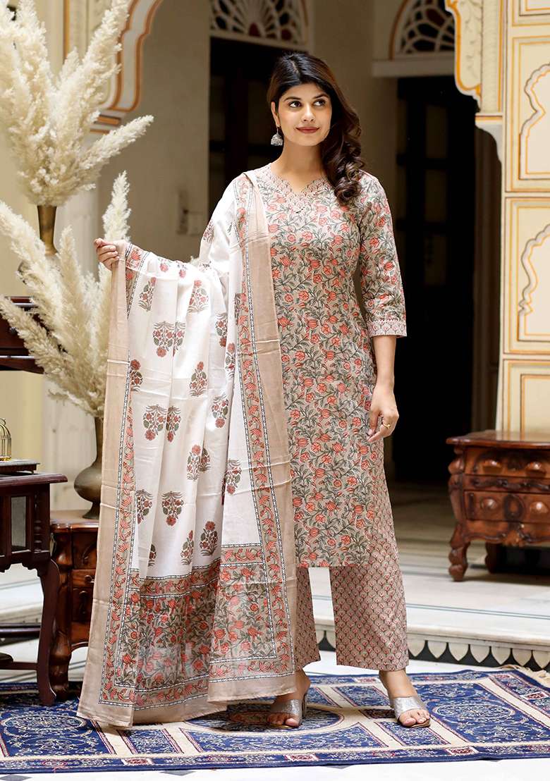 Brown Floral Print Cotton Straight Kurta Set - Indya