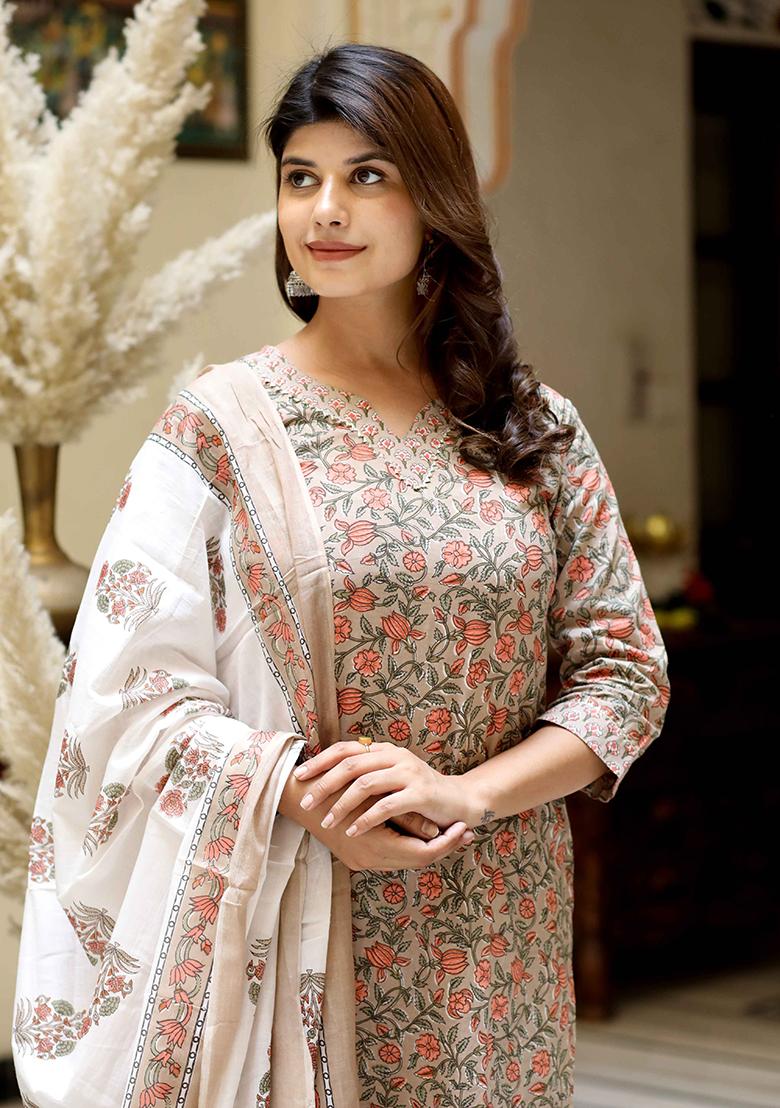 Brown Printed Cotton Salwar Kameez
