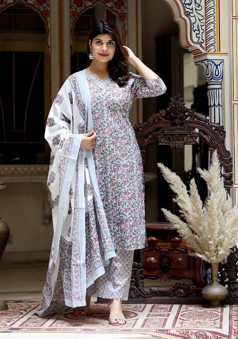 Blue Floral Print Cotton Straight Kurta Set - Indya