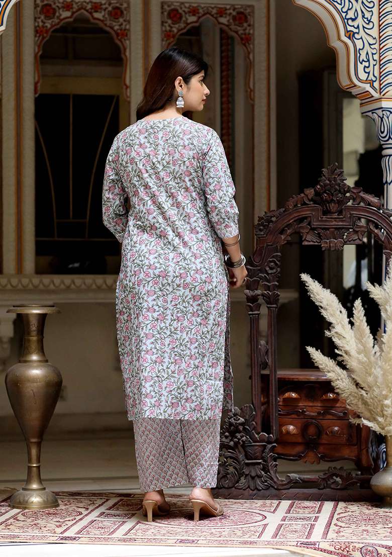 Blue Floral Print Cotton Straight Kurta Set - Indya