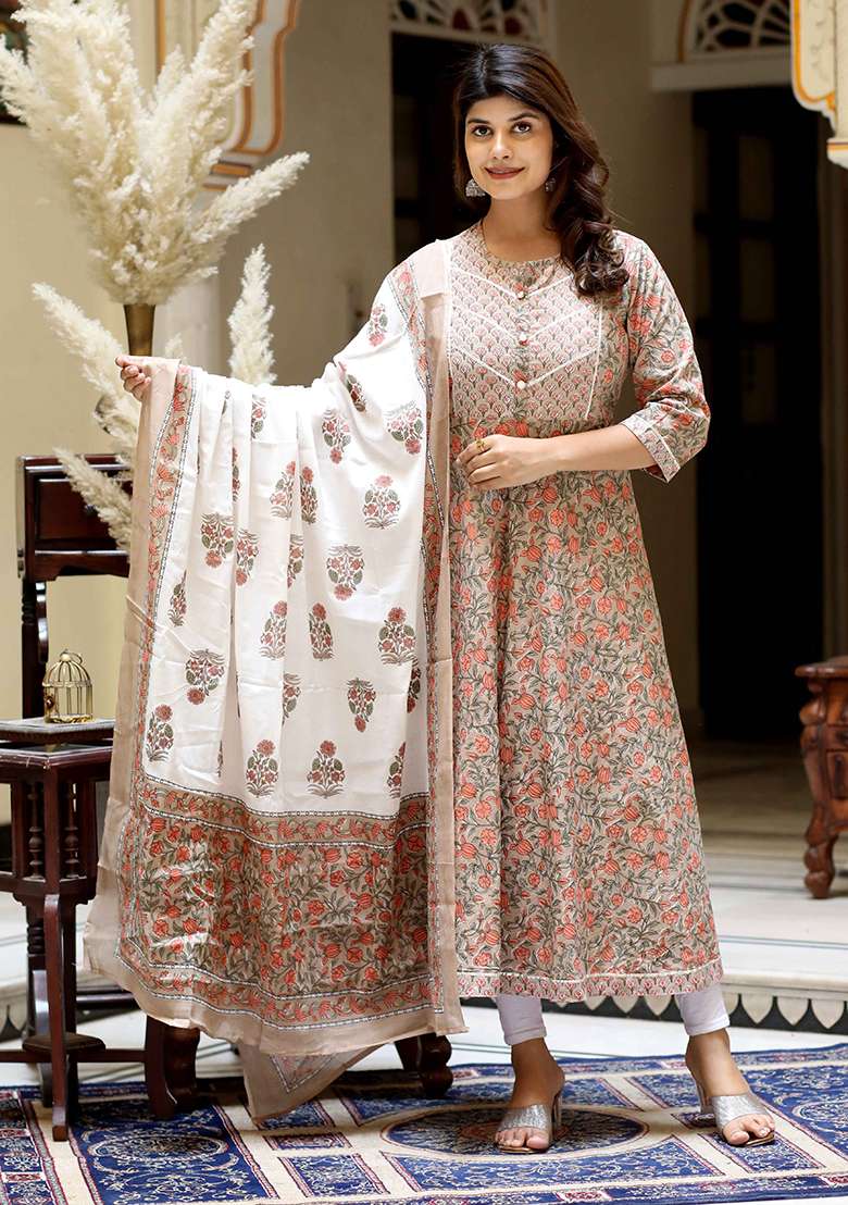 Brown Floral Print Cotton Anarkali Set - Indya