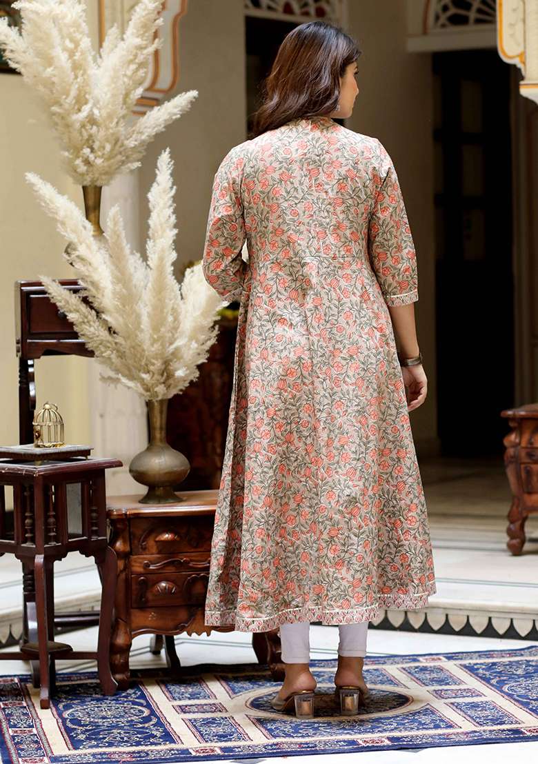 Brown Floral Print Cotton Anarkali Set - Indya