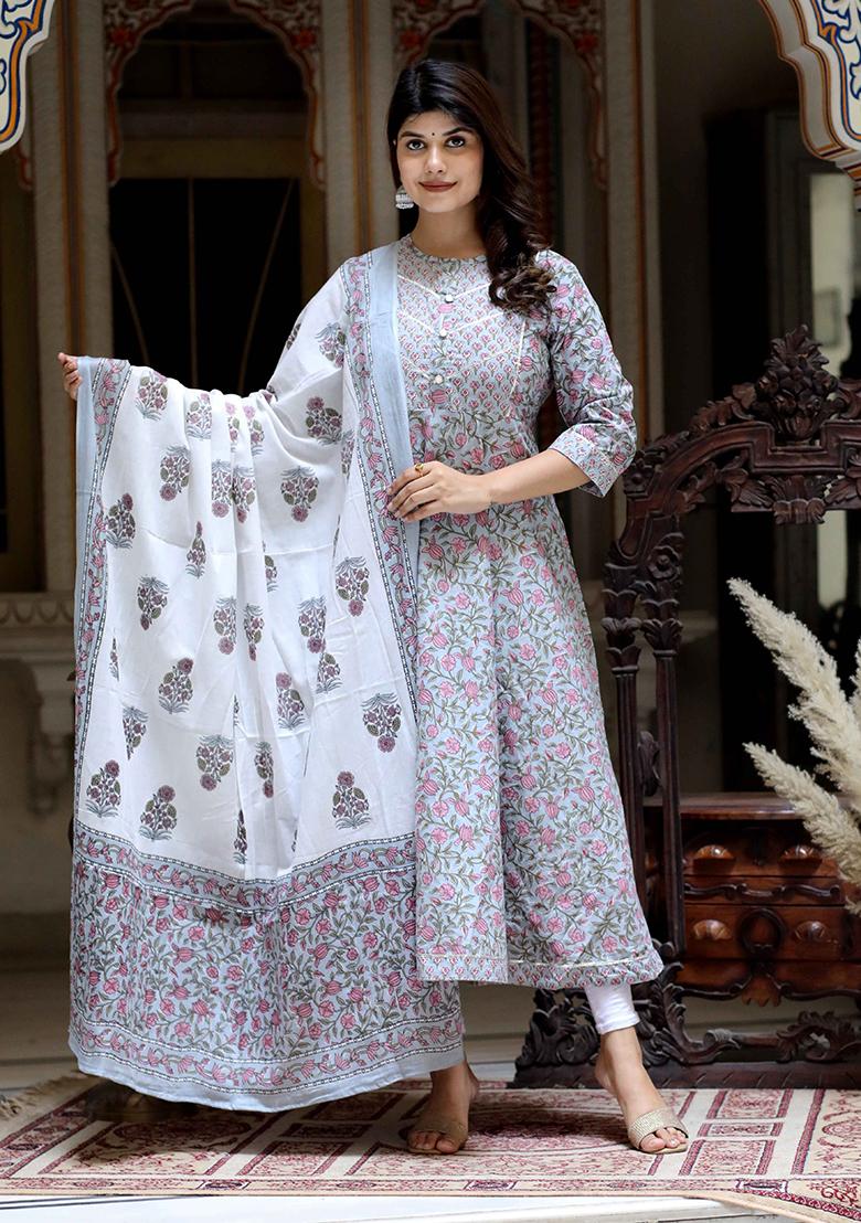 Blue Gota Patti Cotton Anarkali Set